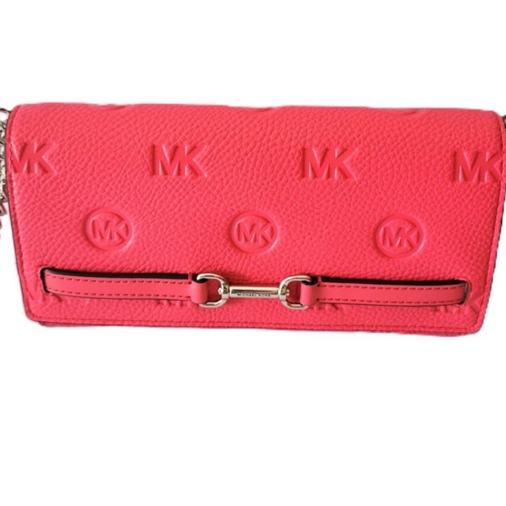 Michael Kors Hot Pink Embossed MK Leather Wallet Clutch